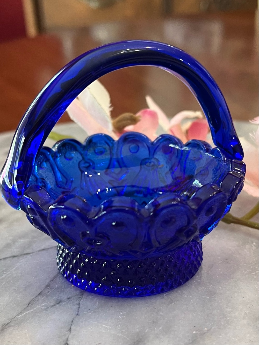 1970s Miniature Cobalt Blue Pressed Glass Basket with Handle/Fenton Collector